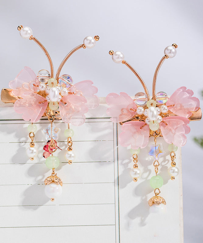 Jolie paire d'épingles à cheveux en alliage de cuivre rose avec perles et pompons papillon pour enfants - TrendAura
