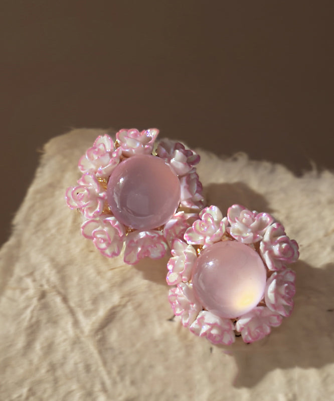 Boucles d'oreilles à tige en résine et alliage de cuivre rose avec motif floral œil de chat - TrendAura