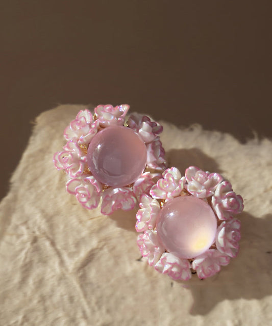 Boucles d'oreilles à tige en résine et alliage de cuivre rose avec motif floral œil de chat - TrendAura