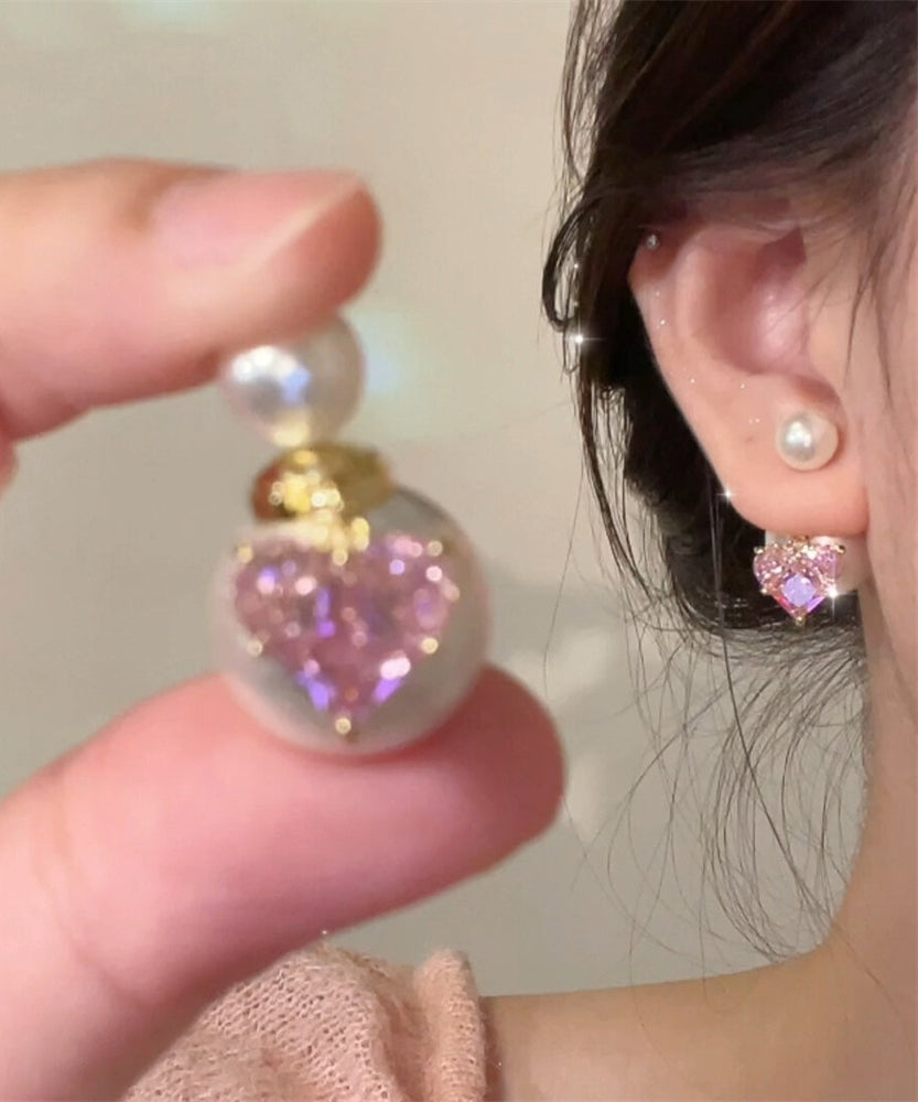Boucles d'oreilles à tige en alliage de cuivre rose avec perles d'amour en zircon - TrendAura