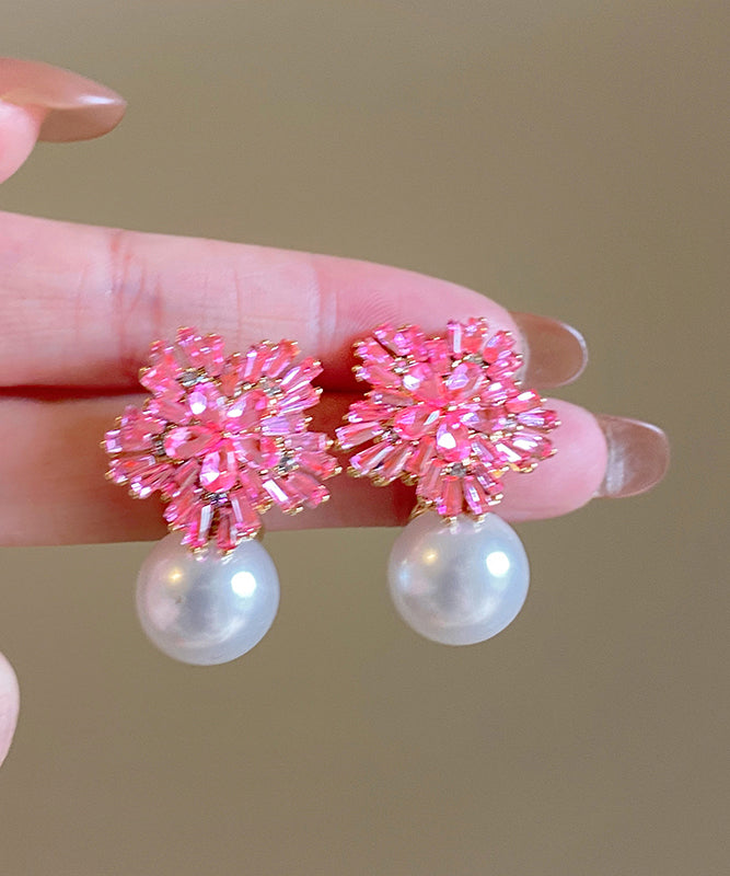 Boucles d'oreilles pendantes en alliage de cuivre rose avec perles de zircone - TrendAura