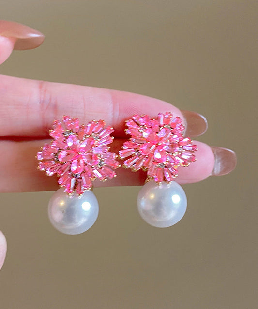 Boucles d'oreilles pendantes en alliage de cuivre rose avec perles de zircone - TrendAura