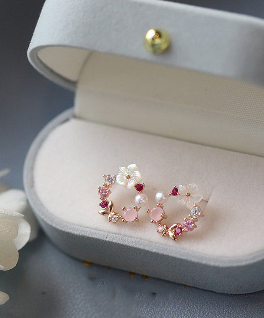 Jolies boucles d'oreilles créoles florales en zircon rose surdoré - TrendAura