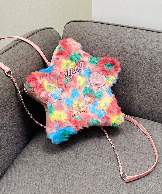 Sac à dos en fausse fourrure patchwork rose à cinq branches pour fille - TrendAura