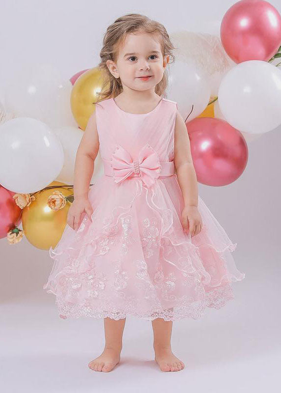 Jolie robe longue rose en tulle brodé à col rond pour fille, sans manches - TrendAura