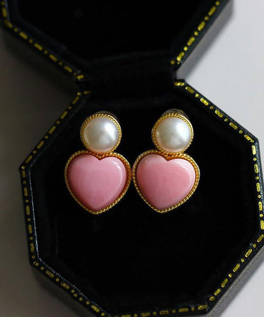 Boucles d'oreilles à tige en argent sterling rose avec perles d'amour surdorées - TrendAura