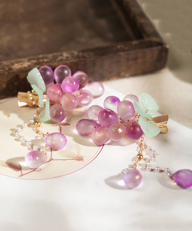 Jolie paire d'épingles à cheveux en jade et cuivre violet surdoré avec pompon en forme de raisin - TrendAura