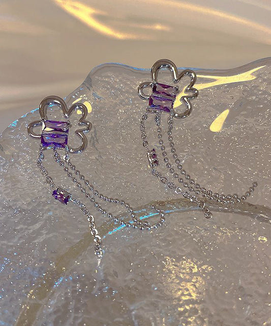 Jolies boucles d'oreilles pendantes à pampilles florales en argent sterling violet - TrendAura