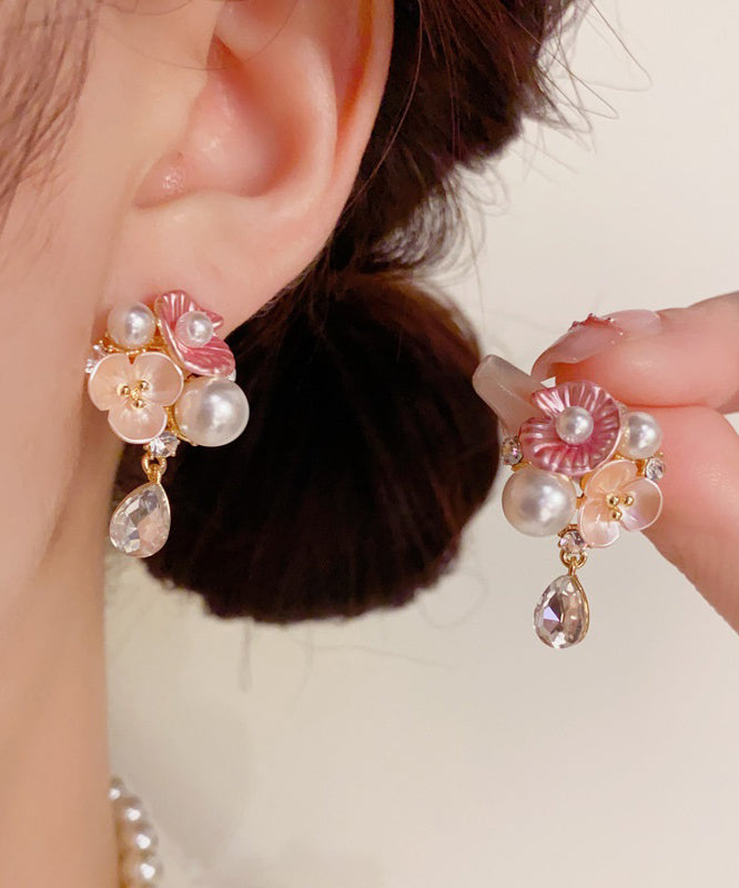Boucles d'oreilles pendantes en cuivre doré arc-en-ciel, zircon, perle et motif floral en forme de goutte d'eau - TrendAura