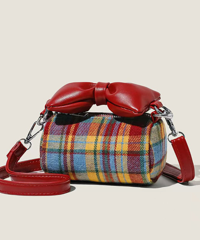 Joli sac rond en toile et lin pour fille avec nœud à carreaux rouges - TrendAura