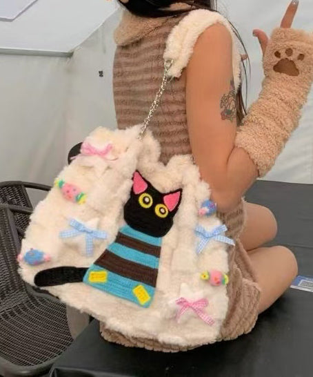 Sac à rabat en fourrure duveteuse brodée de chat blanc mignon pour filles - TrendAura