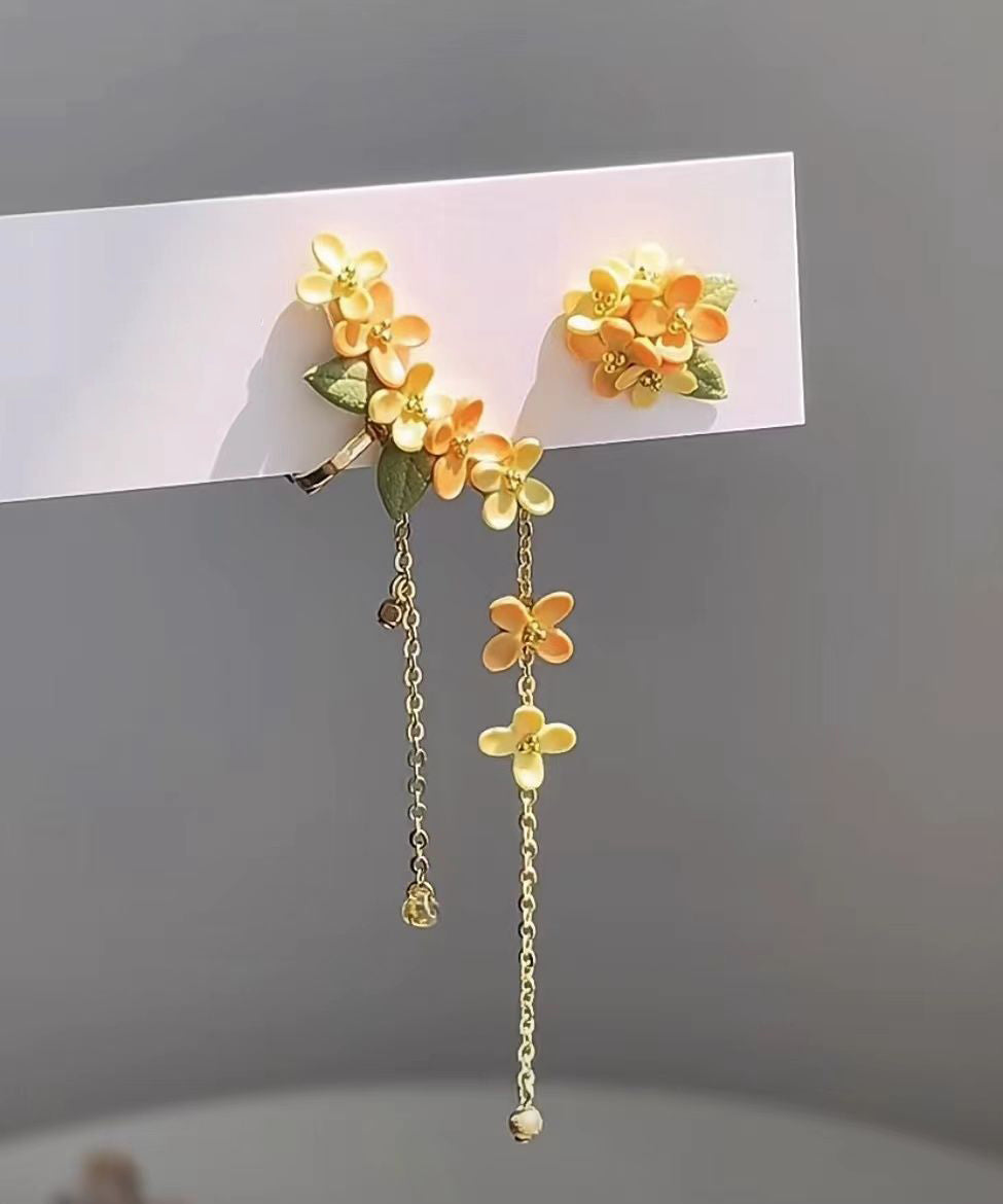 Boucles d'oreilles pendantes à pompon en alliage jaune avec motif osmanthus - TrendAura