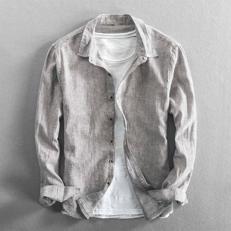 Men's Breathable Cotton Linen Striped Shirt With Button Closure Regular Fit Long Sleeve