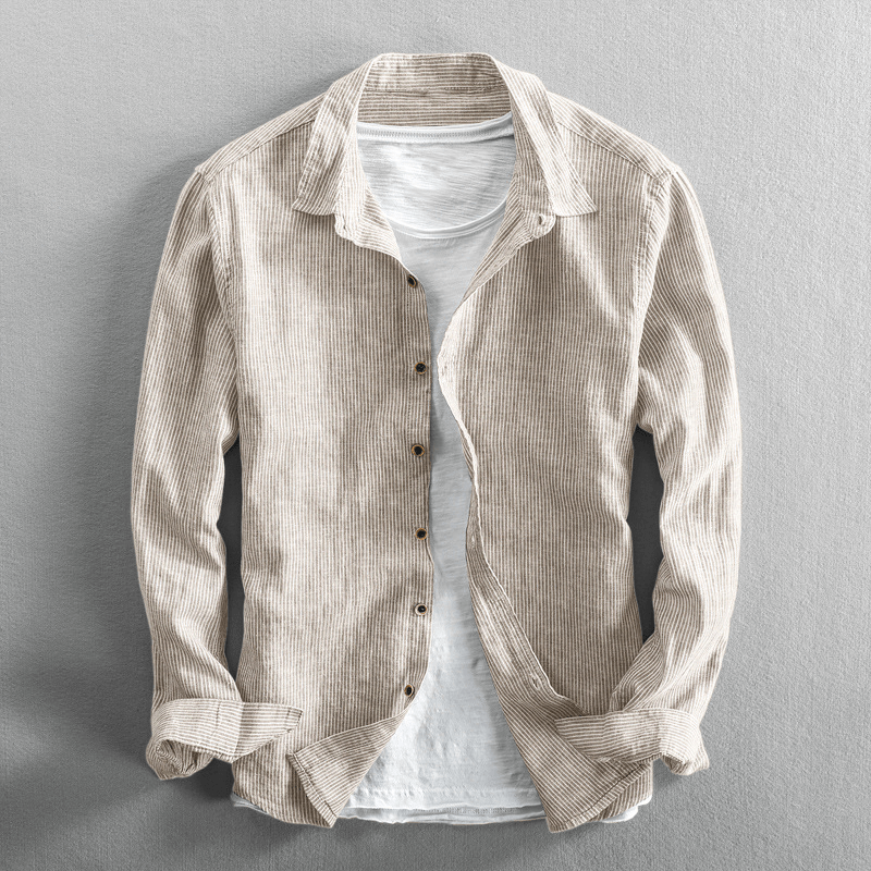 Men's Breathable Cotton Linen Striped Shirt With Button Closure Regular Fit Long Sleeve
