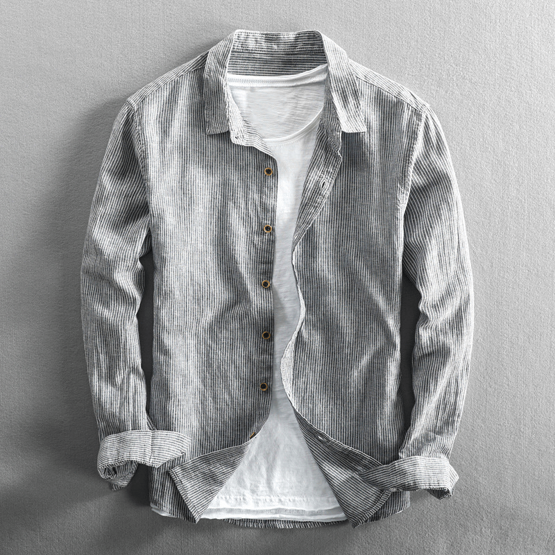 Men's Breathable Cotton Linen Striped Shirt With Button Closure Regular Fit Long Sleeve