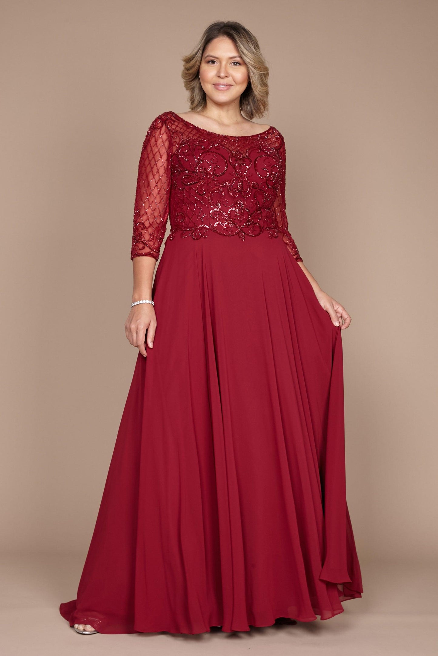 Hand Beaded Long Sleeve Mother of the Bride Dress