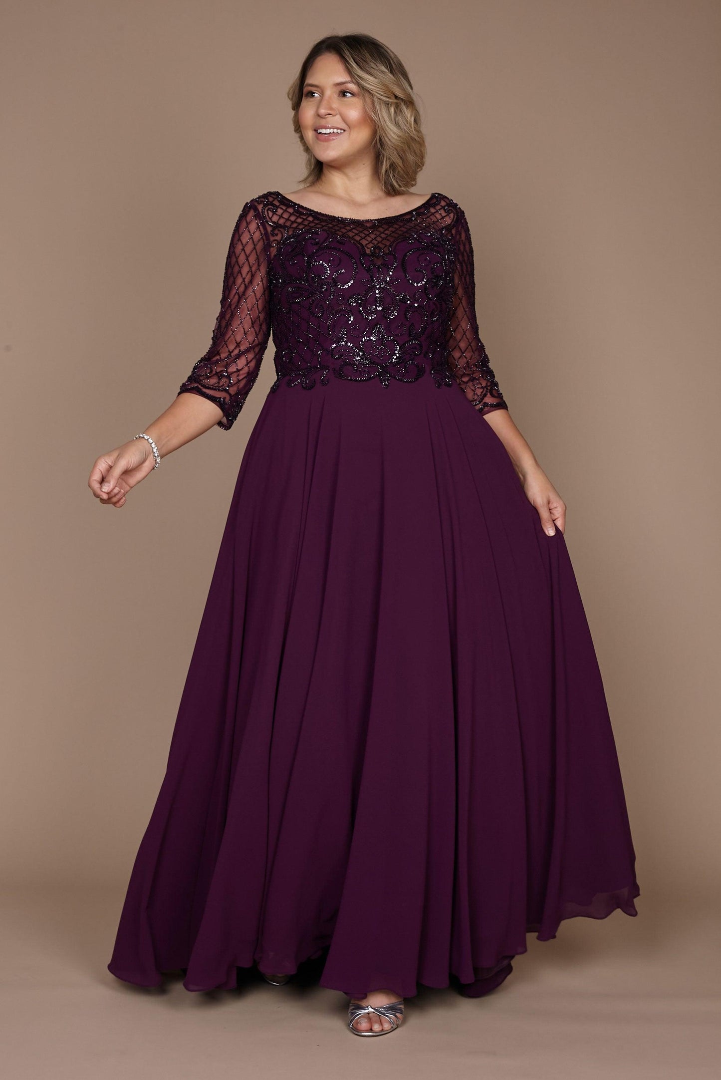 Hand Beaded Long Sleeve Mother of the Bride Dress