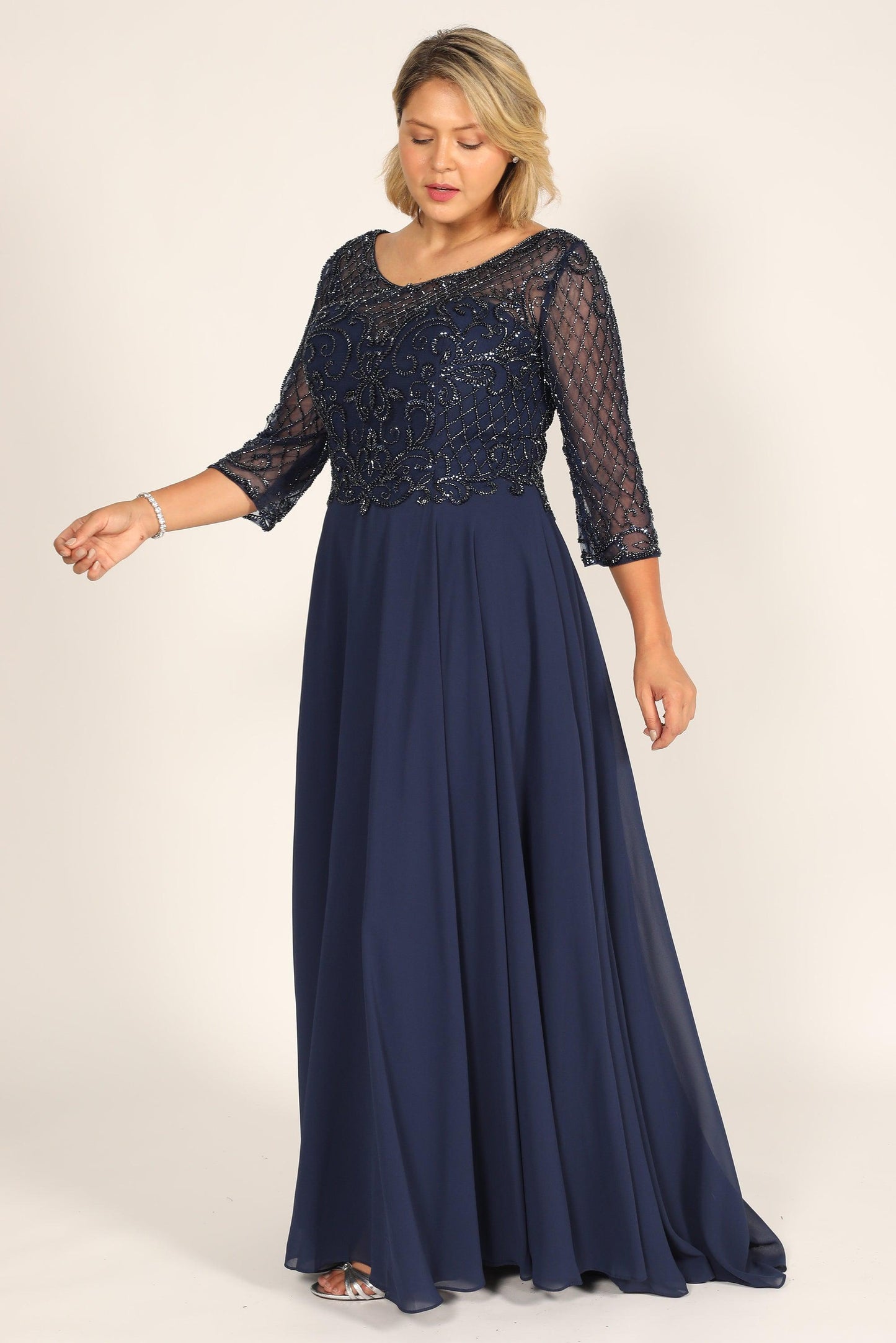 Hand Beaded Long Sleeve Mother of the Bride Dress