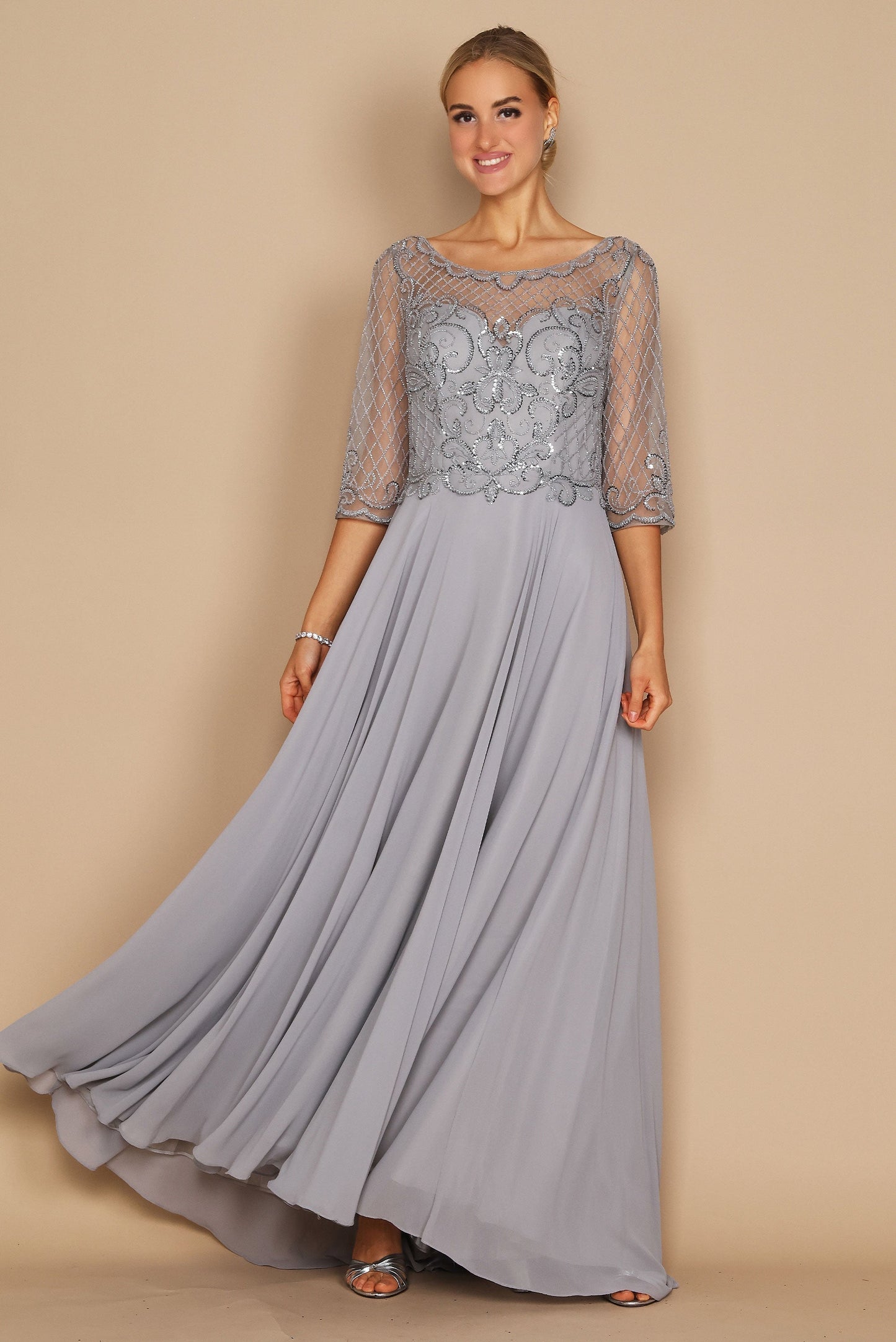 Hand Beaded Long Sleeve Mother of the Bride Dress