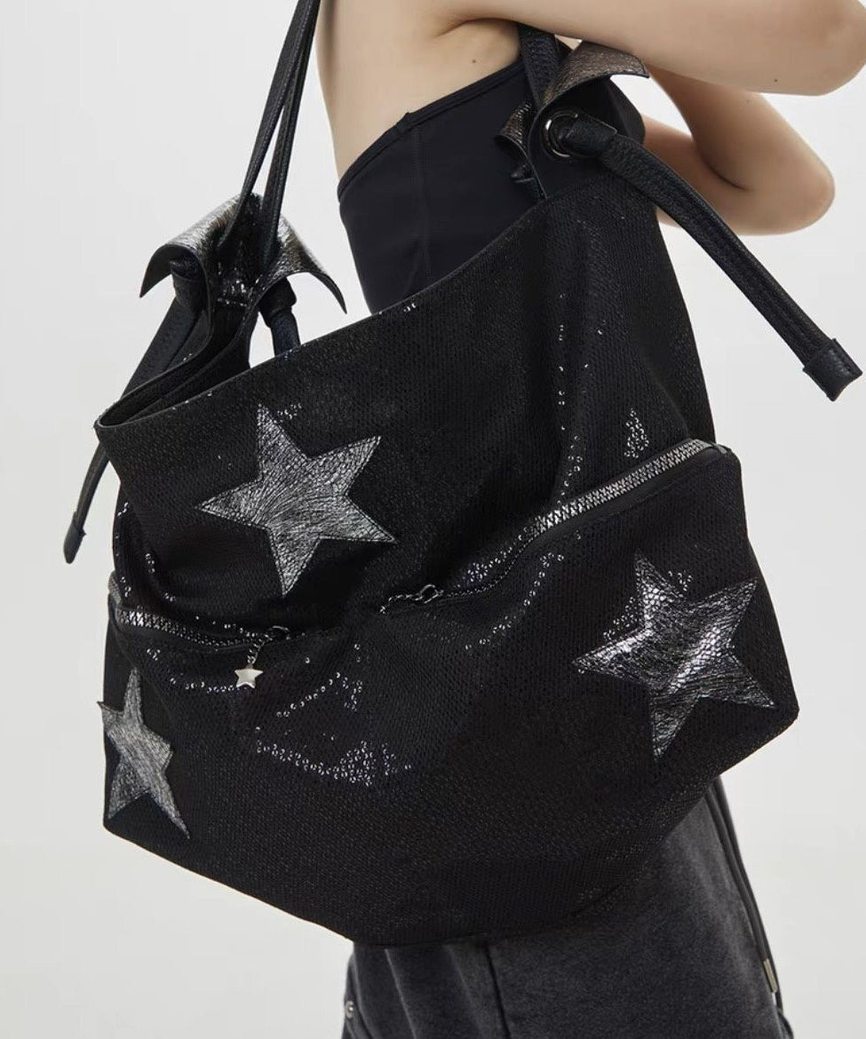 Sacs à bandoulière à paillettes noires à cinq branches avec étoiles appliquées DIY - TrendAura