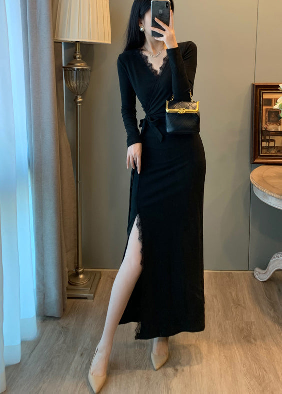 Robe longue à col montant et à ouverture latérale en patchwork de cils noirs - TrendAura