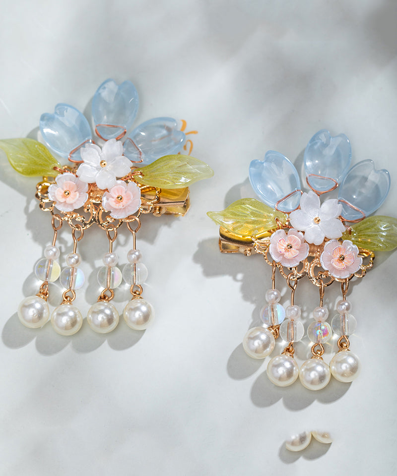 Paire d'épingles à cheveux à pompon floral en alliage de cuivre et perles colorées pour filles - TrendAura