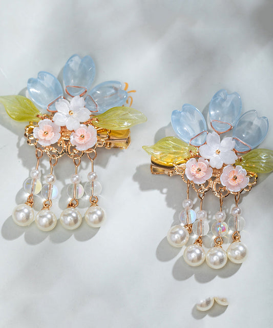 Paire d'épingles à cheveux à pompon floral en alliage de cuivre et perles colorées pour filles - TrendAura