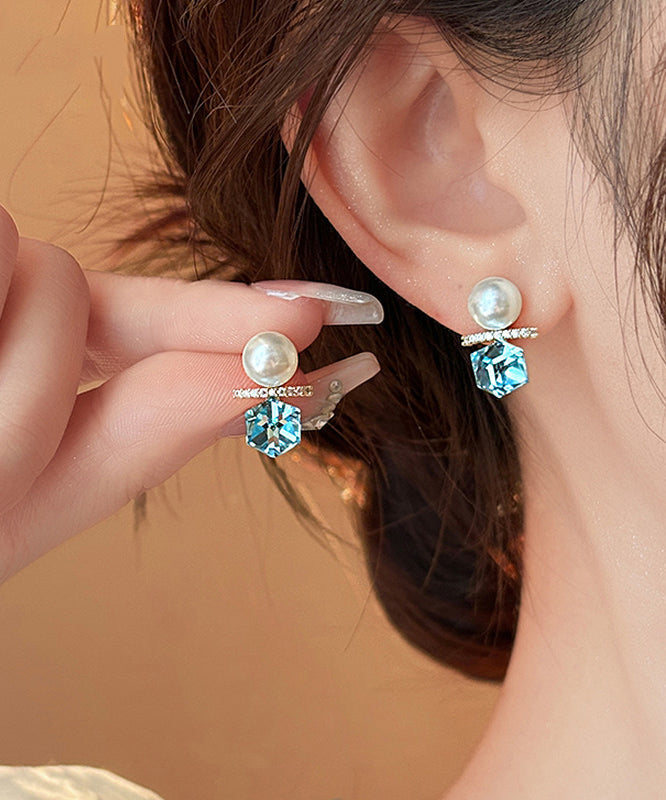 Boucles d'oreilles à tige en alliage de cuivre bleu lac avec perles de zircon - TrendAura