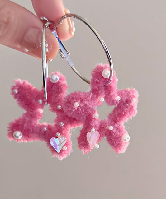 Boucles d'oreilles créoles en acier inoxydable rose à cinq branches en fourrure duveteuse - TrendAura