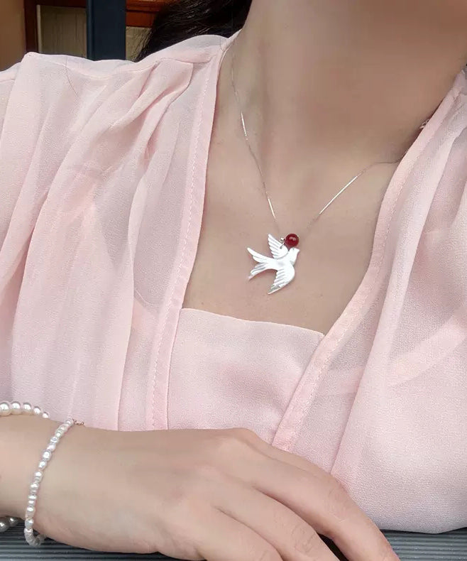 Collier pendentif jeune hirondelle en argent sterling et soie, coquillage d'agate, à faire soi-même - TrendAura