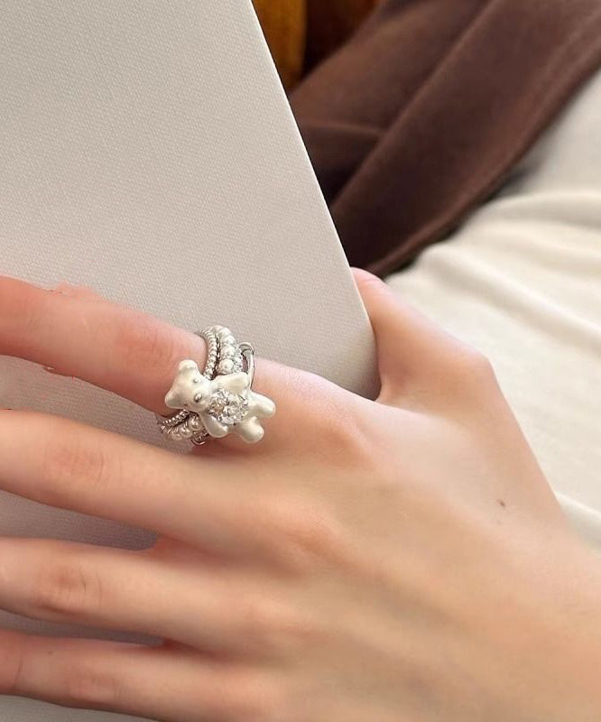 Bagues en acier inoxydable blanc avec zircons superposés pour petits oursons - TrendAura