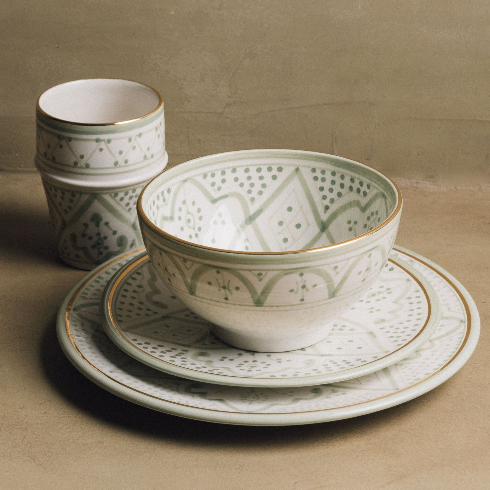 Fez Verdant Grace - Moroccan Dinnerware Set Adorned with 12 Carat Gold Accents - TrendAura