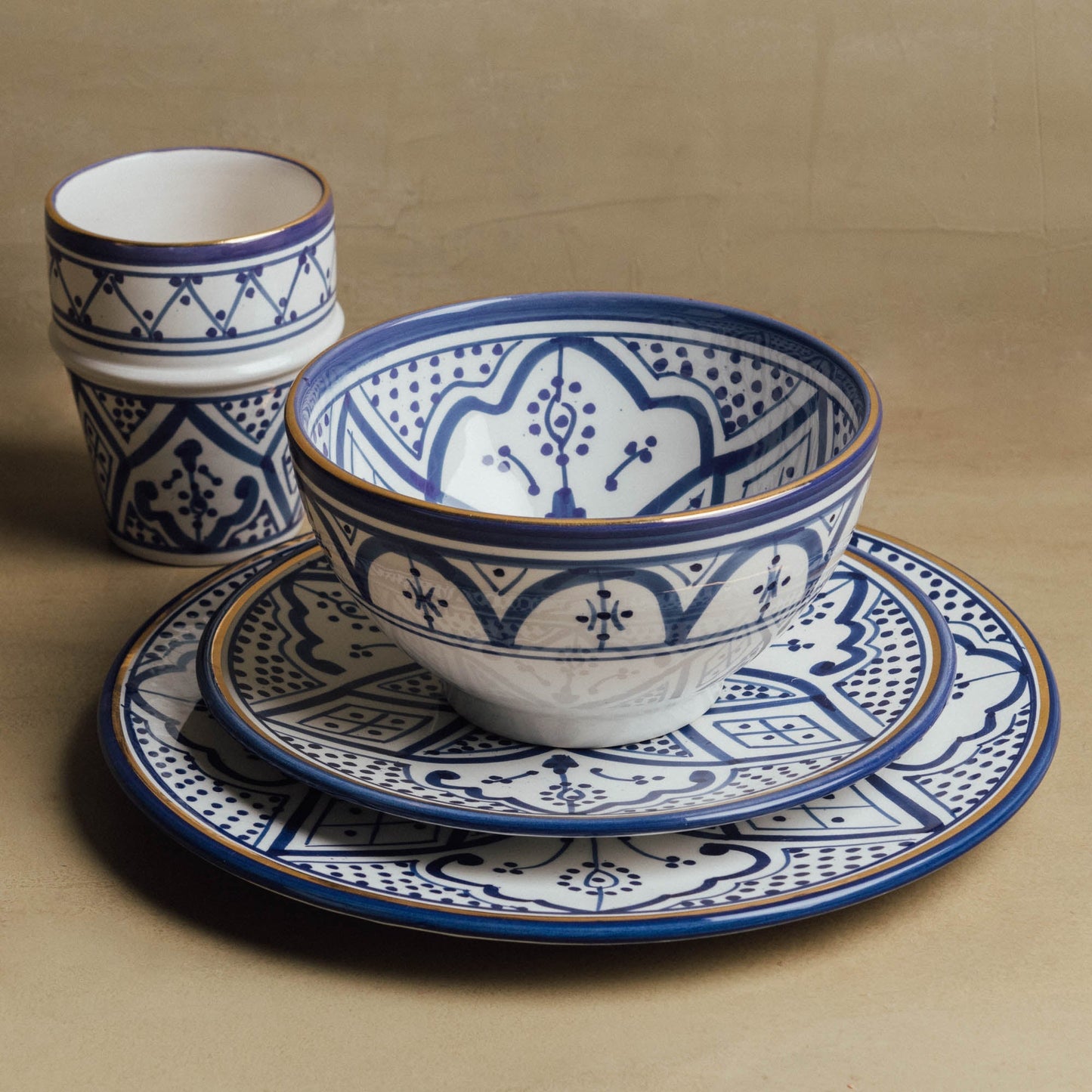 Fez Royal Azure - Moroccan Dinnerware Set with 12 Carat Gold Accents - TrendAura