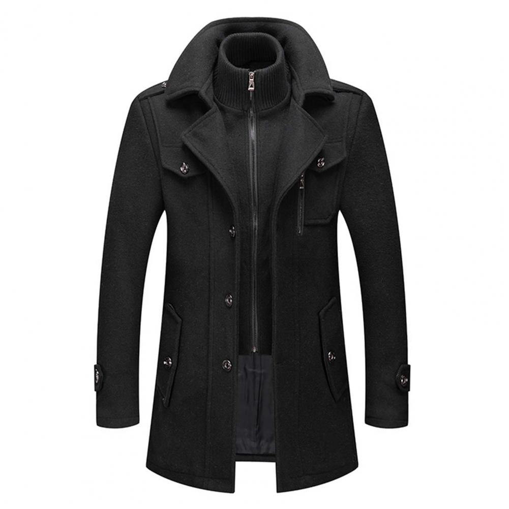 Men's Wool Blend Coat With Built-In Ribbed Layer Double Breasted High Collar Winter Outerwear