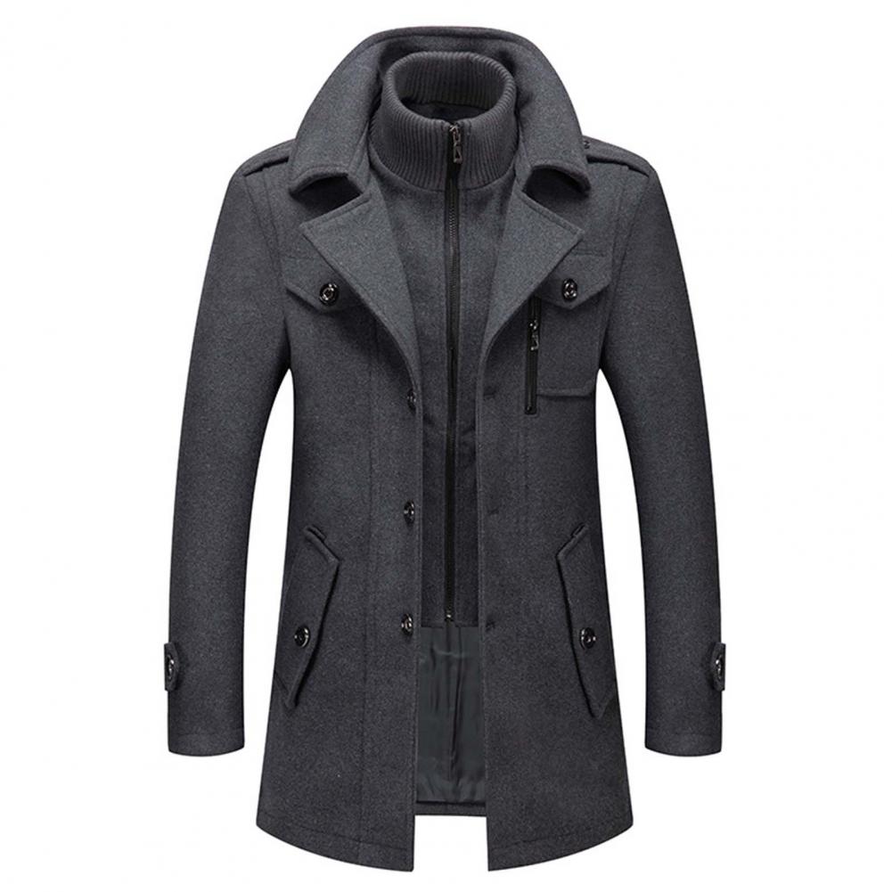 Men's Wool Blend Coat With Built-In Ribbed Layer Double Breasted High Collar Winter Outerwear