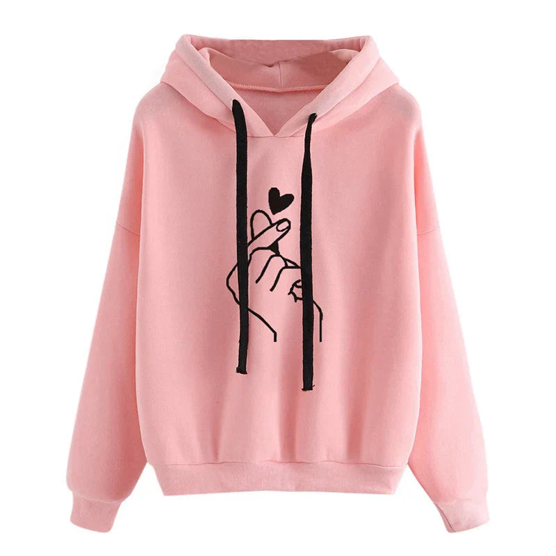 Women's fleece hoodie with finger heart motif