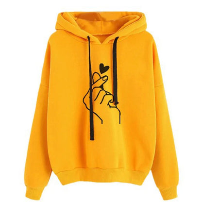 Women's fleece hoodie with finger heart motif