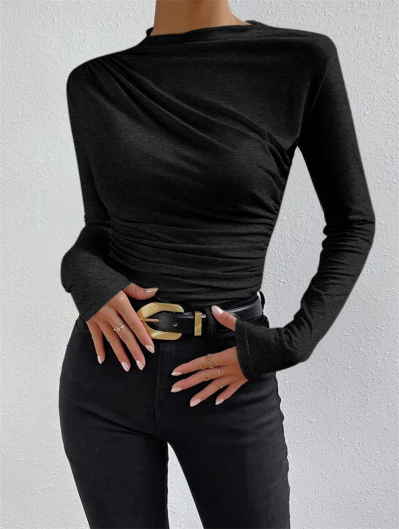 Women's Pleated Long Sleeve Top With Soft Stretch Comfort For Elegant Everyday Wear