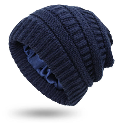 Women's winter knit hat made of satin