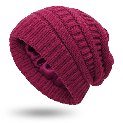 Women's winter knit hat made of satin