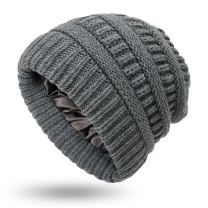 Women's winter knit hat made of satin