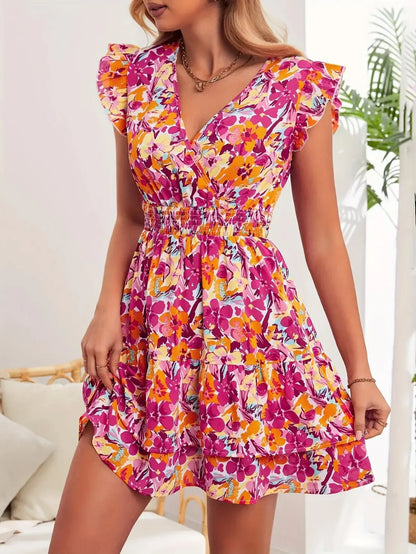 Women's short dress with V-neck and floral pattern