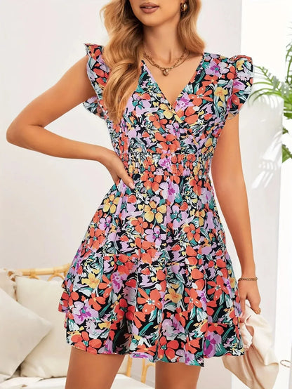 Women's short dress with V-neck and floral pattern