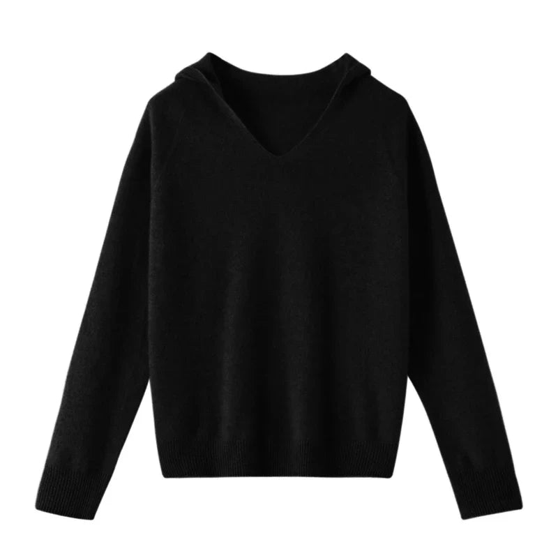 Women's sweater with V-neck and hood