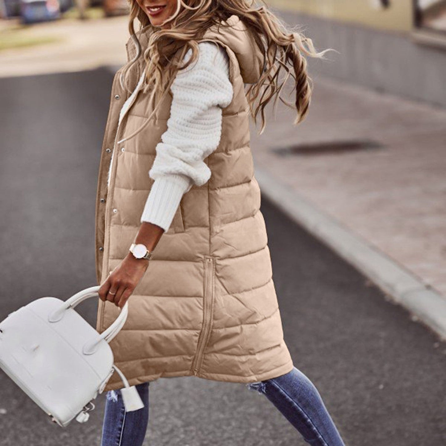 Women's Long Winter Down Vest with Hood | Quilted