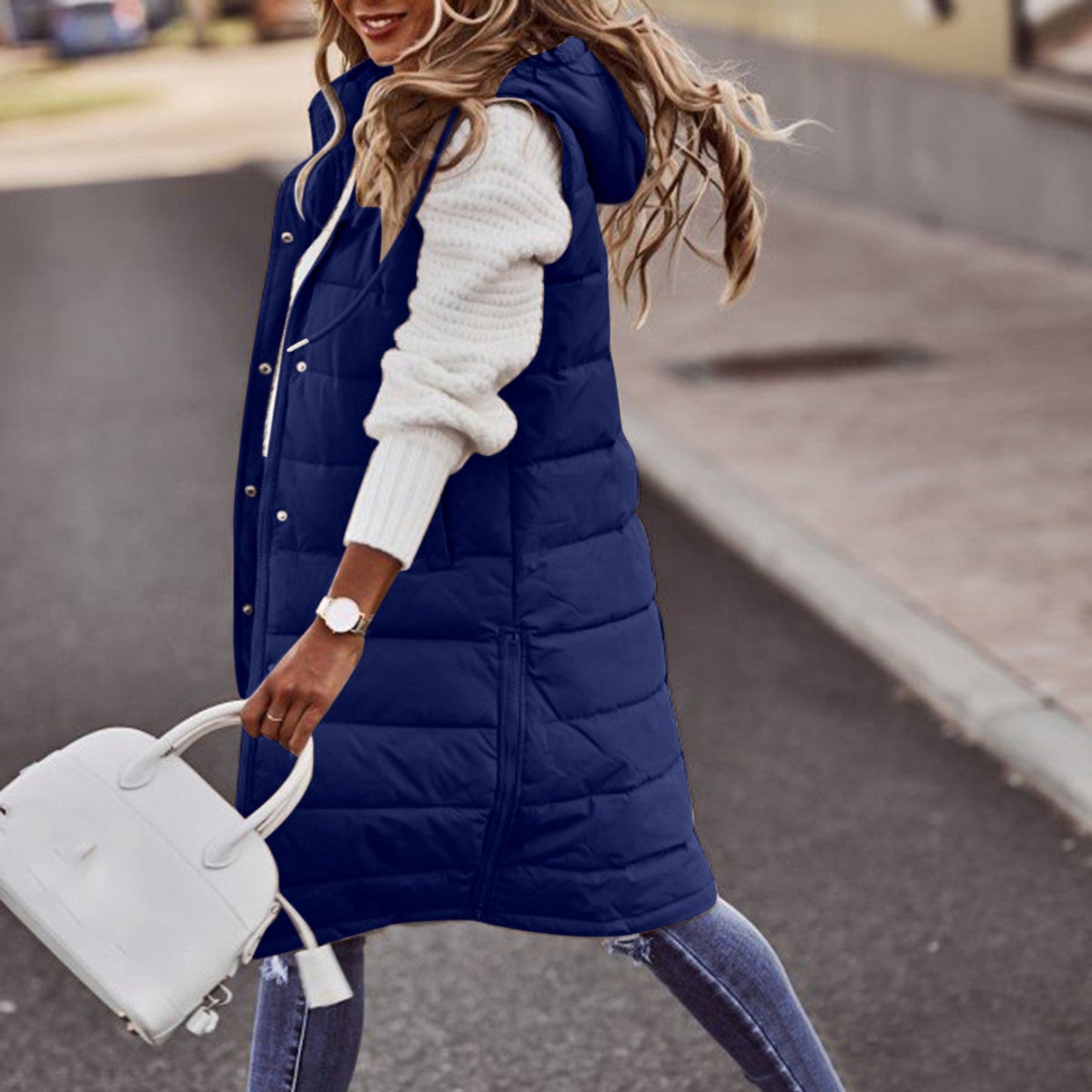 Women's Long Winter Down Vest with Hood | Quilted