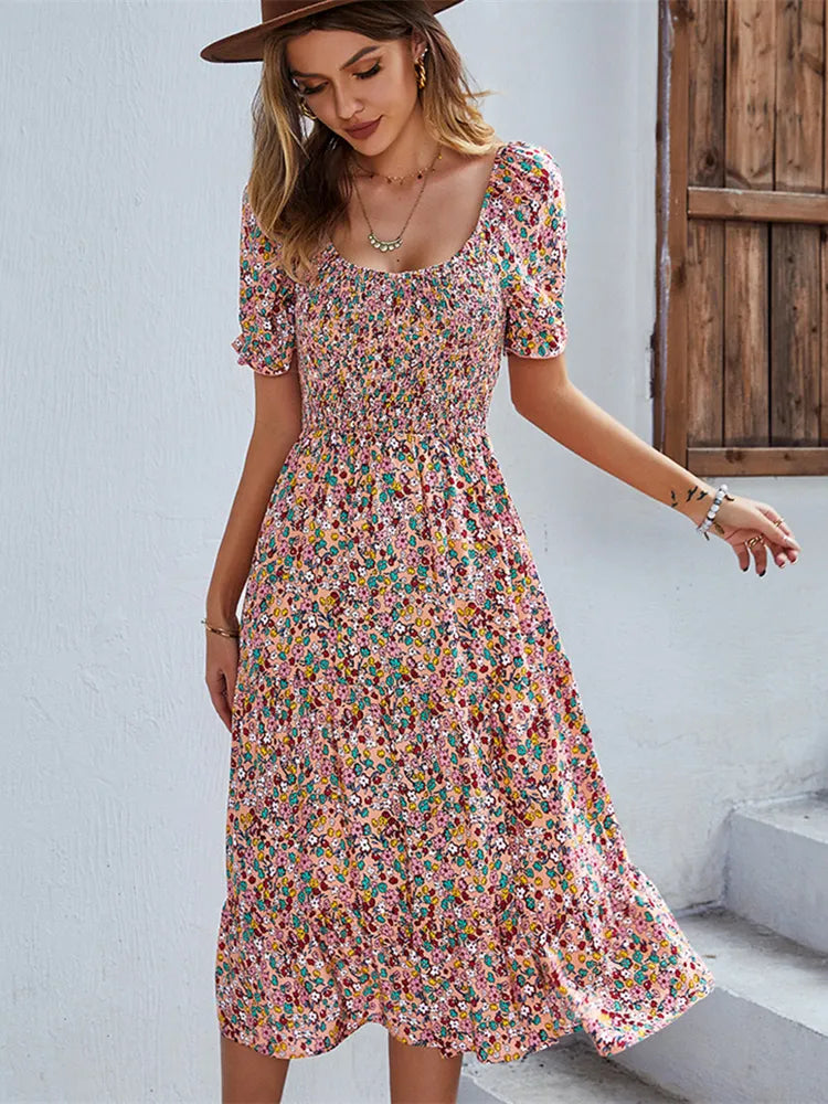 Women's Dress - Midi Length - A-line Cut - Short Puff Sleeves - Floral Print