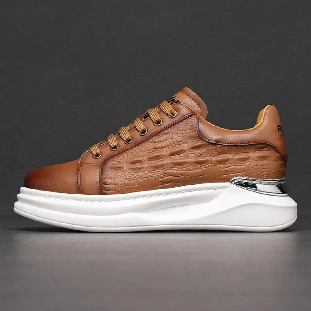 Dante Cushioned Croc Embossed Leather Sneakers For Men With White Upper And Futuristic Sole