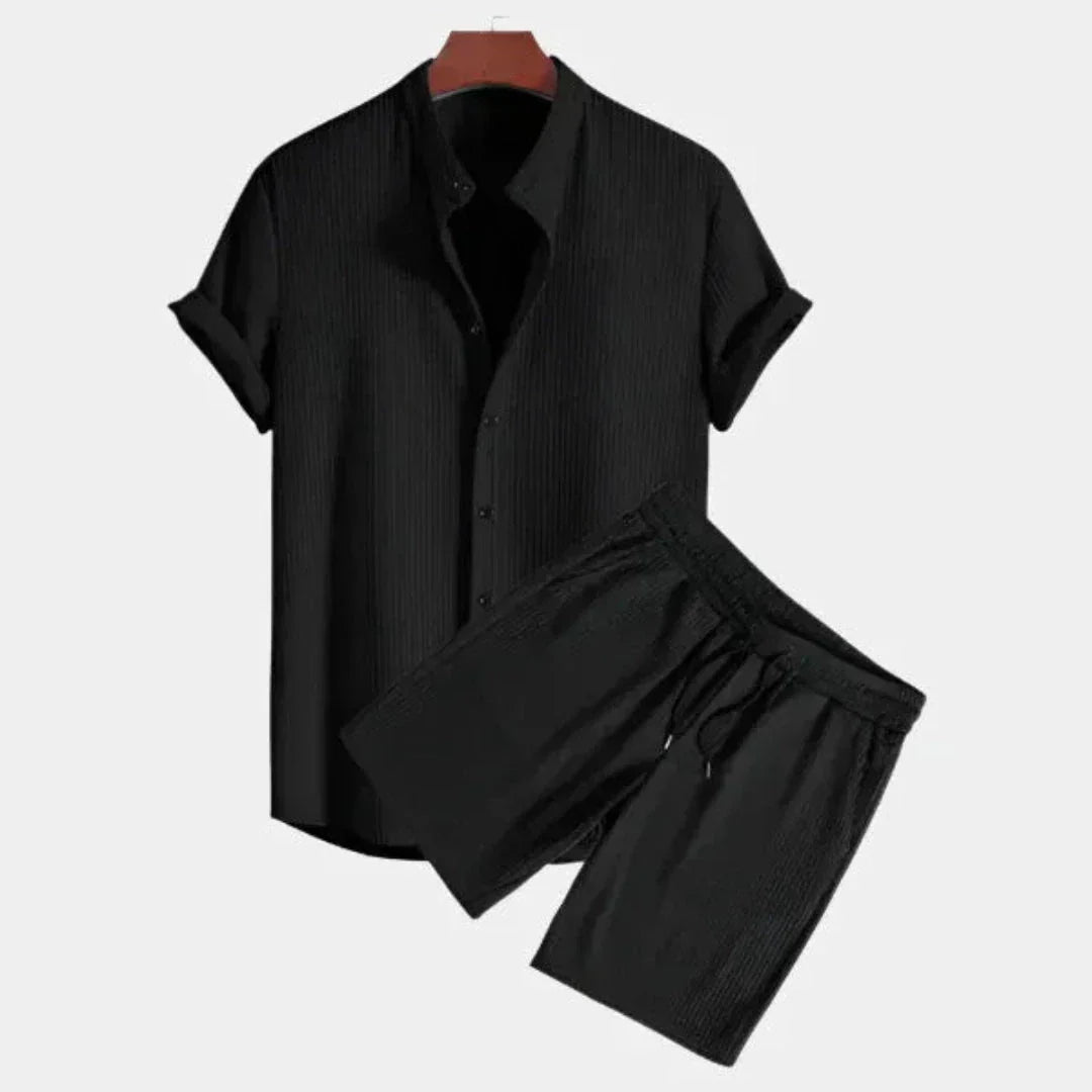 Dante Textured Two Piece Lounge Set For Men Short Sleeve Shirt And Drawstring Shorts Lightweight Breathable Fabric