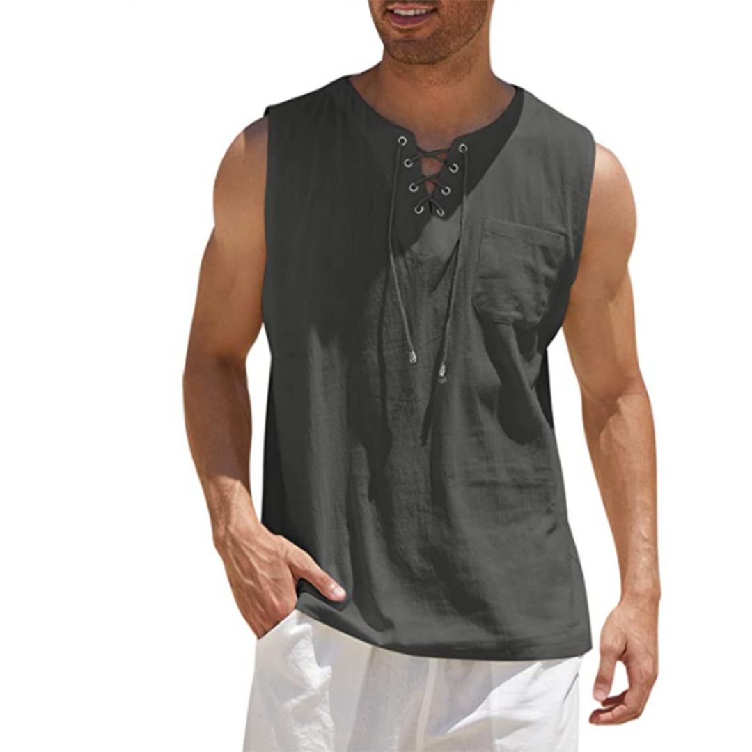 Men's Sleeveless Shirt With Lace Up Front Relaxed Fit Cotton Blend Chest Pocket For Casual Summer Wear